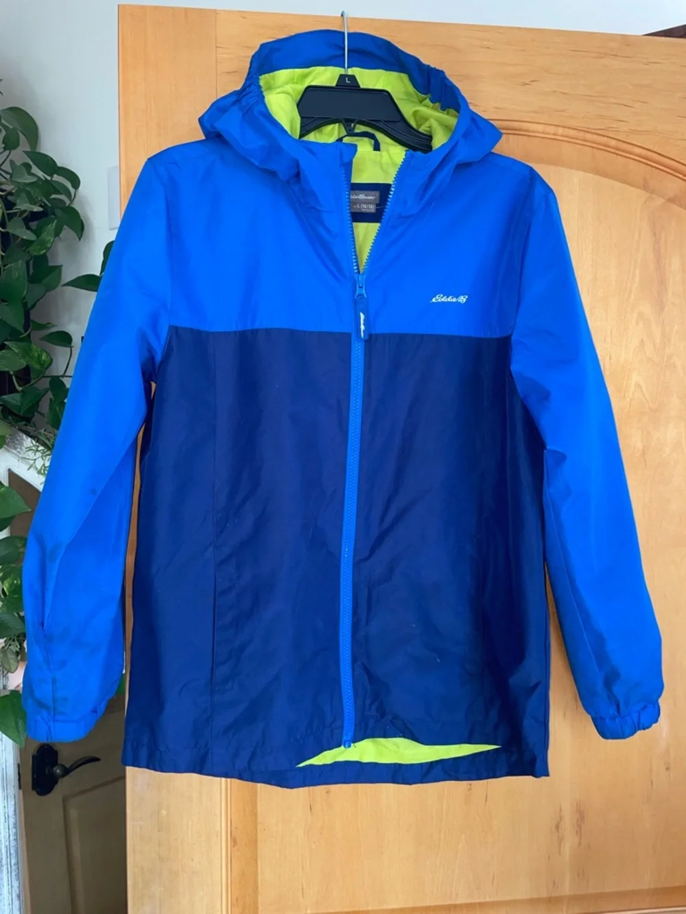 Eddie Bauer Blue Navy Colorblock Hooded Windbreaker Lime Lining Boys L 14/16